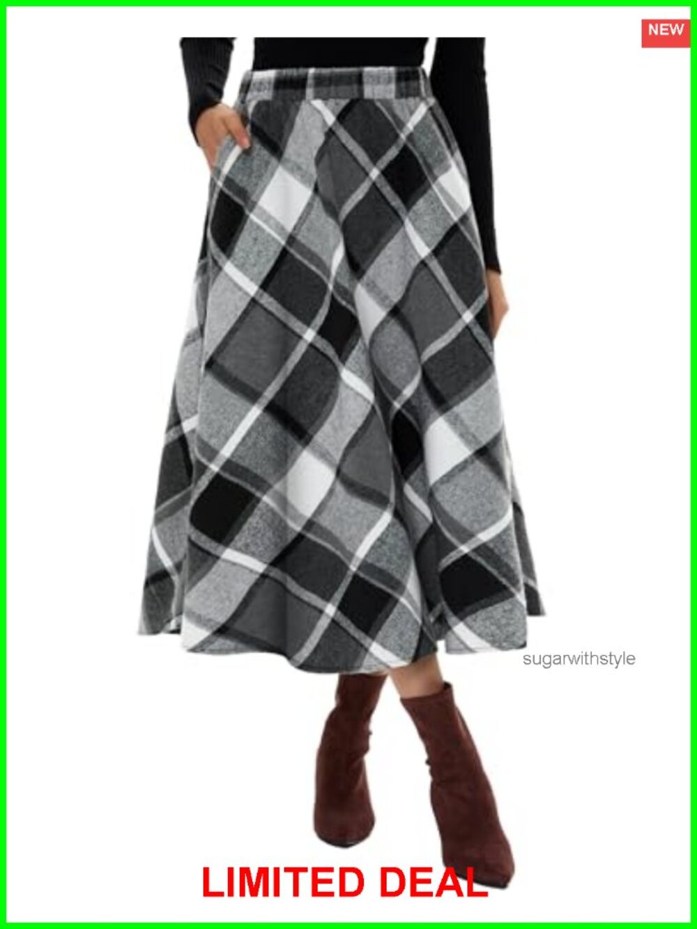 Wool Blend A-Line Long Plaid Skirt High Waist Pockets Fall Winter